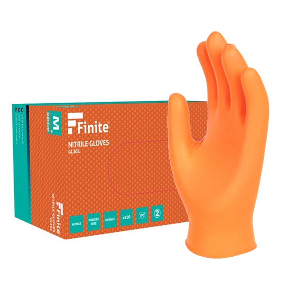 Finite Grip, Nitrile Gloves, Orange, Powder Free, S-XL