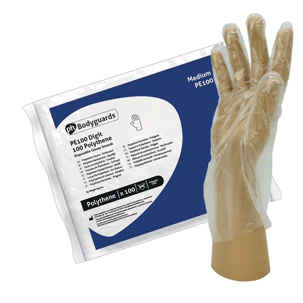 PE100 Bodyguards, Polythene Gloves, Clear, Powder Free, S-L