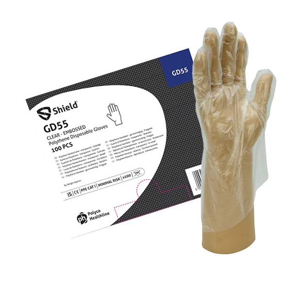 GD55 Shield, Polythene Gloves, Clear, Powder Free, M-L
