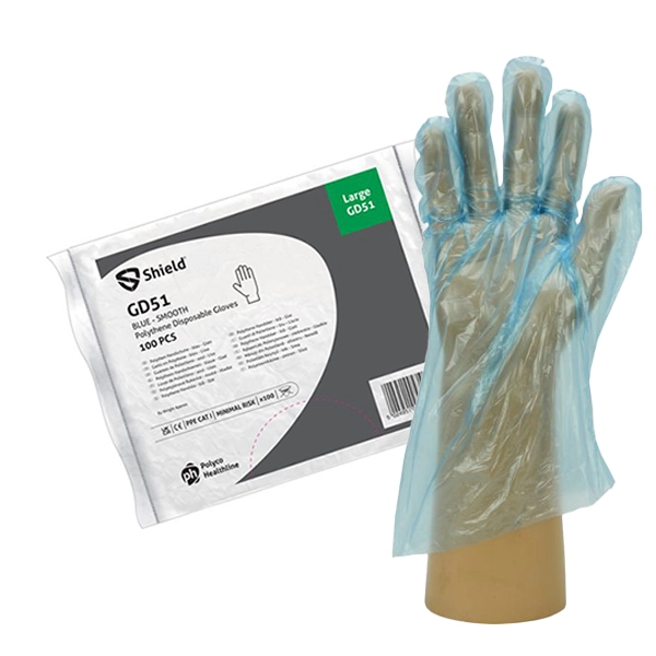GD51 Shield, Polythene Gloves, Blue, Smooth, Powder Free, L