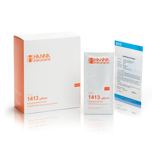 1413 uS/cm EC value @25C, 20 mL sachets with certificate of analysis