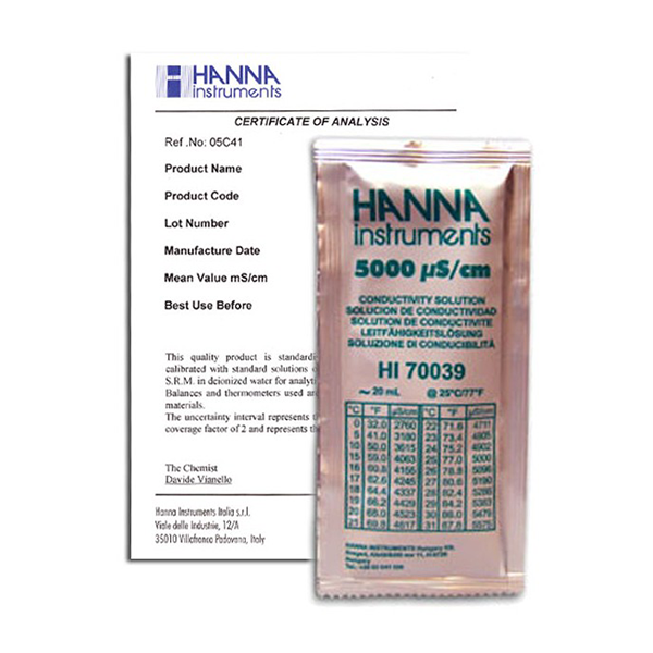 5000 uS/cm EC value @25C, 20 mL sachets with certificate of analysis
