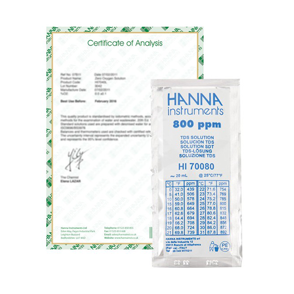 800 mg/L (ppm) TDS value @25C, 20 mL sachets with certificate of analysis