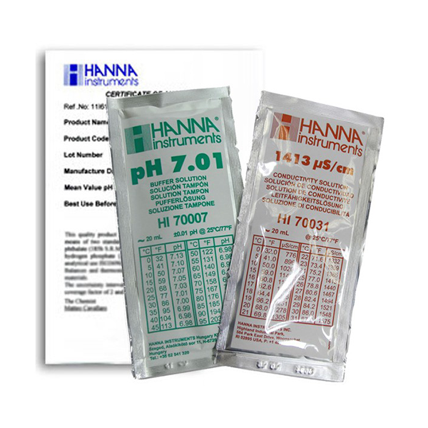 1413 uS/cm and pH 7.01 EC value @25C, 20 mL sachets (10 each) with certificate of analysis